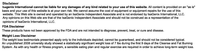 Isagenix Products disclaimer